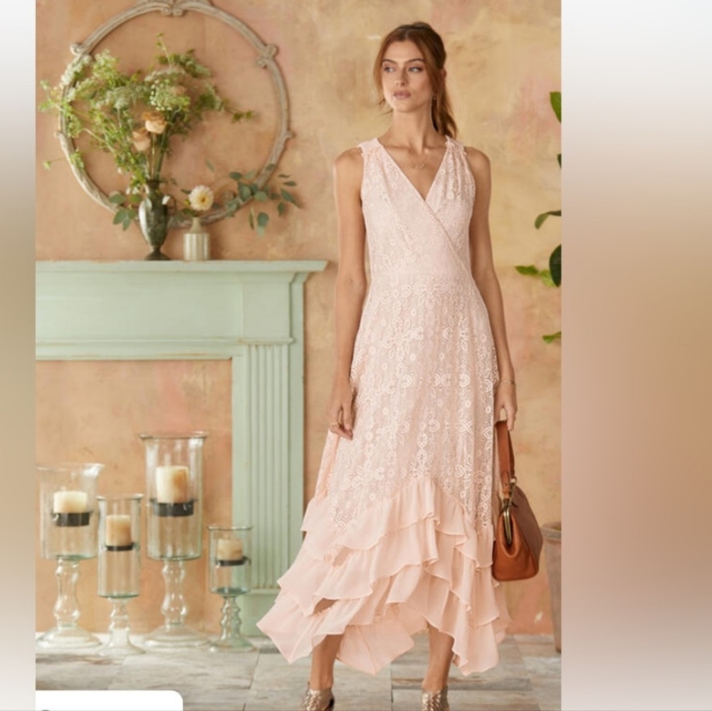 🌸Sundance Blush Pink Midi Lace Ruffle Dress